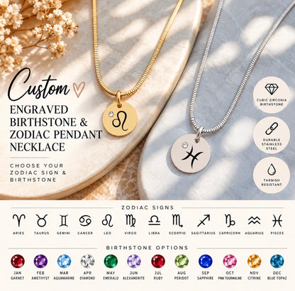 Custom Engraved Birthstone and Zodiac Pendant Necklace