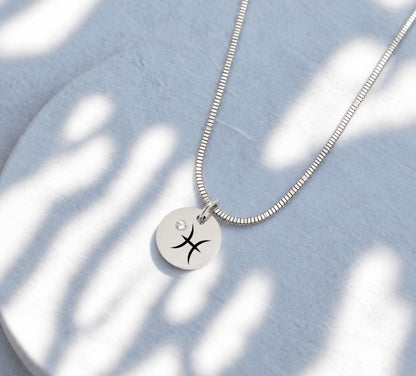 Custom Engraved Birthstone and Zodiac Pendant Necklace