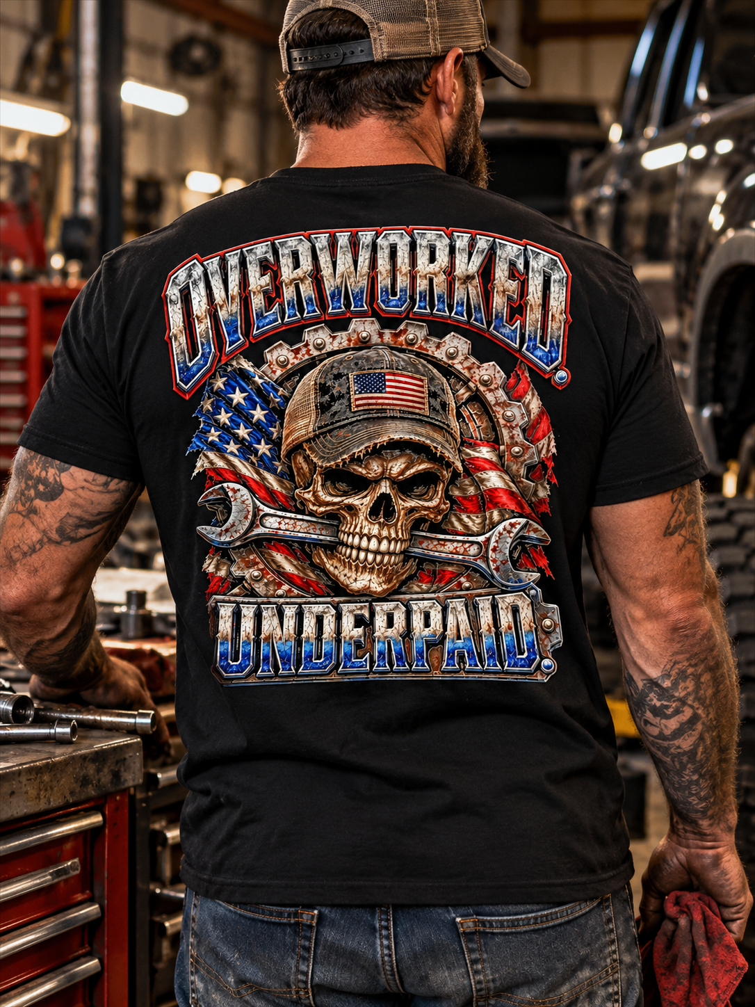 Overworked. Underpaid. Patriotic Skull Graphic Tee – Blue Collar Workwear Shirt