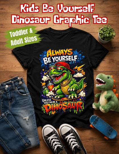 Skateboarding Dinosaur Graphic Tee | Always Be Yourself Quote, Toddler Adult Sizes