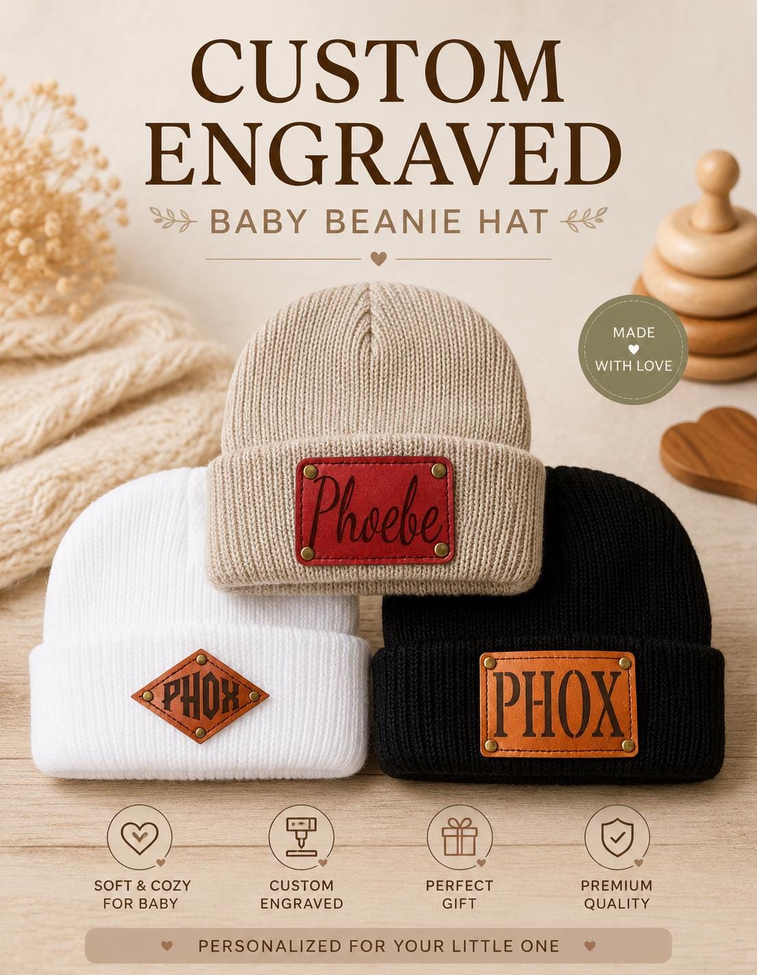 Personalized Leather Name Patch Baby Beanie