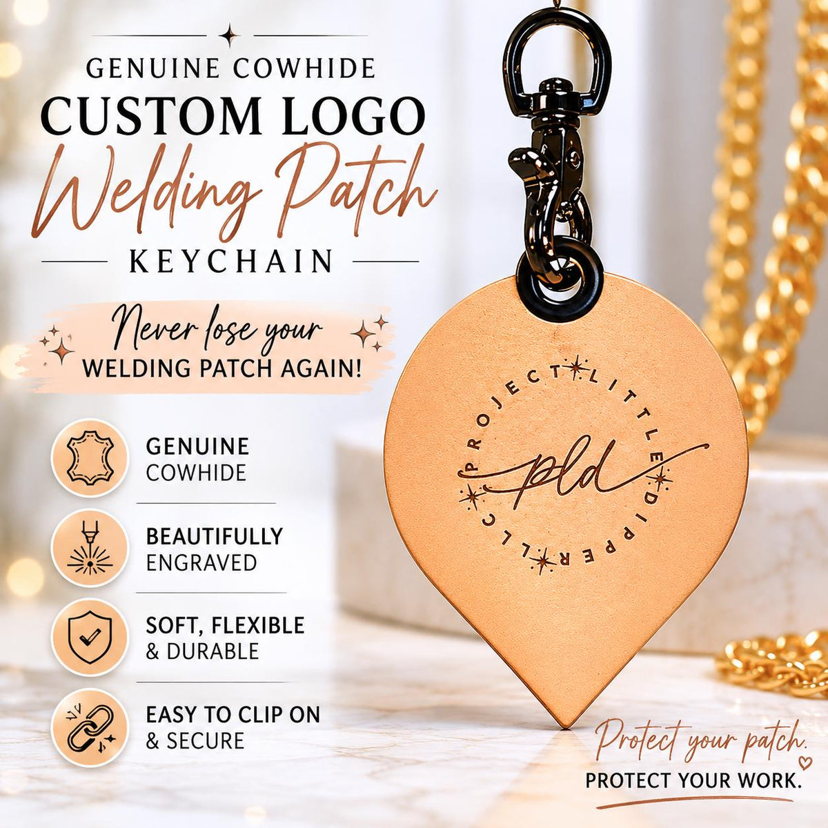 Permanent Jewelry Genuine Leather Safety Patch Keychain with Custom Logo-Full Size