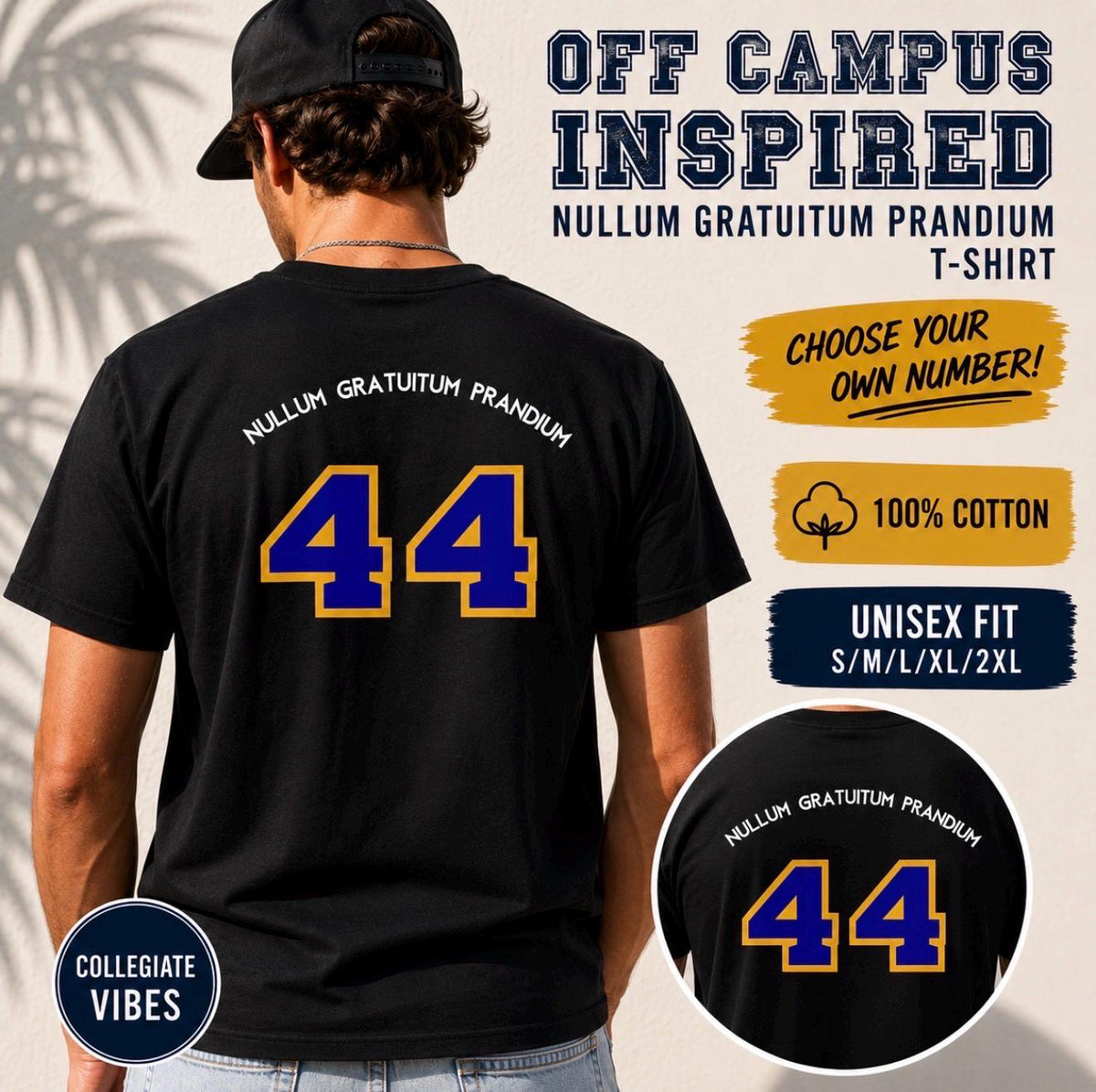 Off Campus Inspired Garret Graham “Nullum Gratuitum Prandium” T-Shirt | Choose Your Own Number | Unisex Gildan Heavy Cotton Tee Shirt