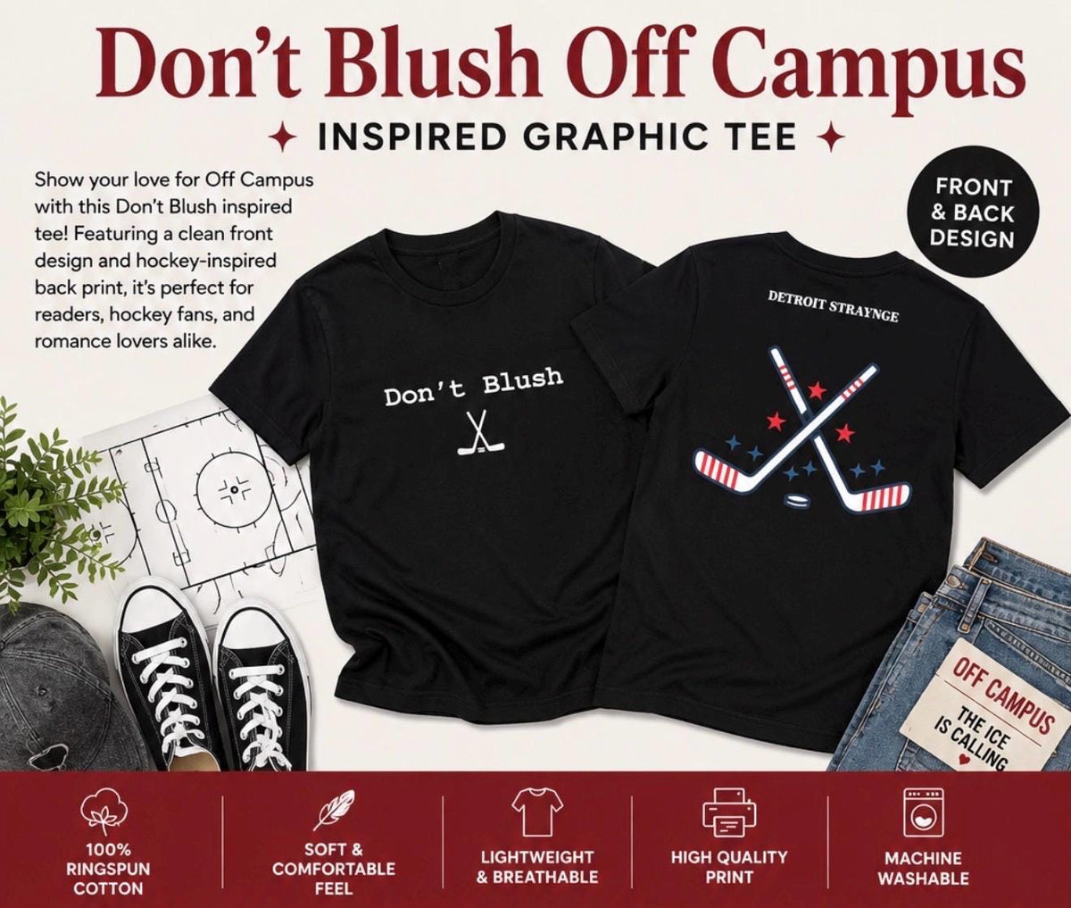 Don’t Blush Off Campus Inspired Graphic T-Shirt | Hockey Romance Book Shirt | Bookish Gift | Black Gildan Softstyle Tee | 100% Cotton