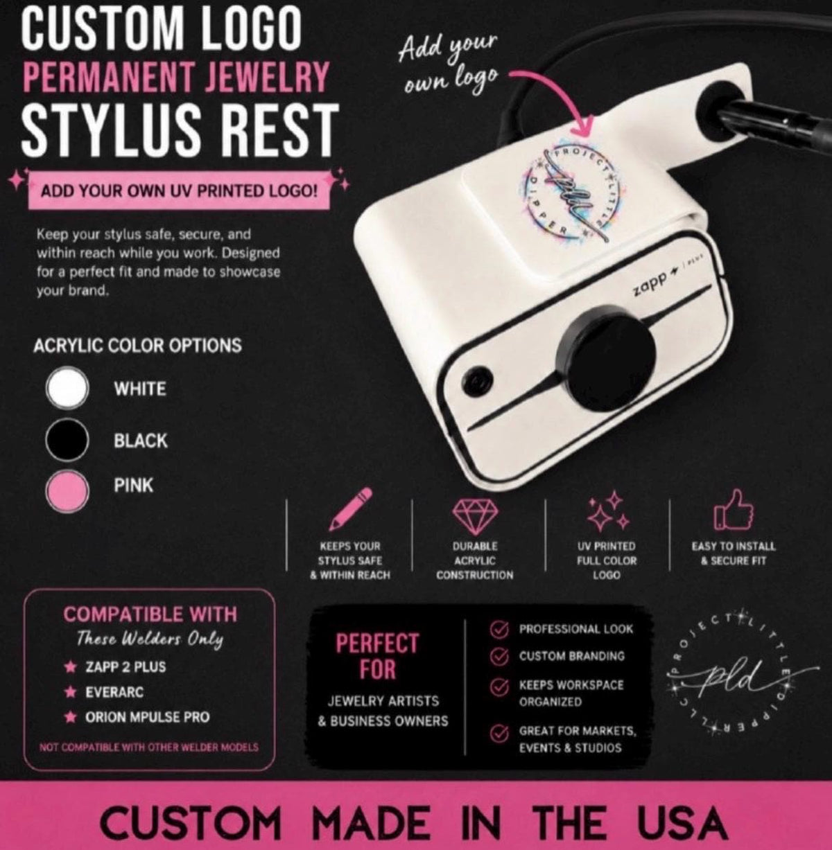Custom Logo Permanent Jewelry Stylus Rest | Universal Acrylic Holder | Tool Organizer | Zapp 2 Plus, Everarc & Orion mPulse Pro