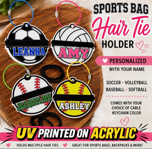 Personalized Sports Bag Hair Tie Holder Acrylic Keychain | Custom UV Printed Bag Tag
