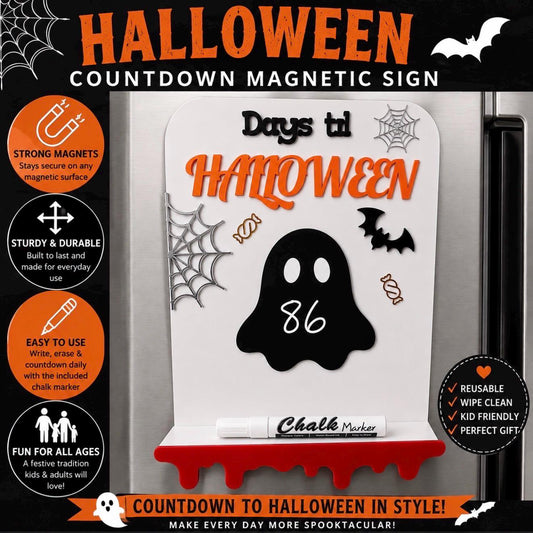 Halloween Countdown Stand Sign Ornament with Chalk Marker | Magnetic | Ghost Candy Spiderweb | Halloween Decor | Spooky Cute