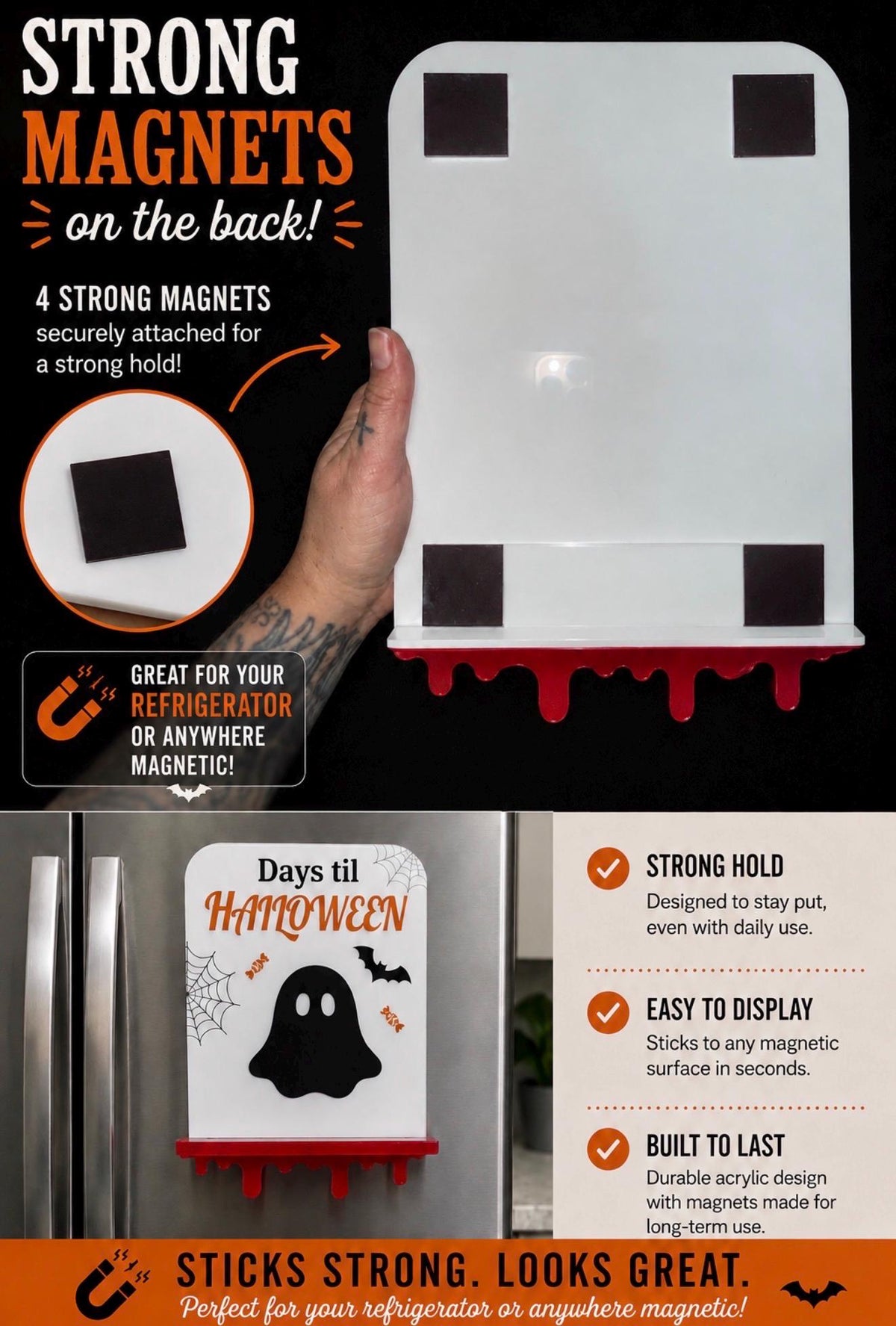 Halloween Countdown Stand Sign Ornament with Chalk Marker | Magnetic | Ghost Candy Spiderweb | Halloween Decor | Spooky Cute